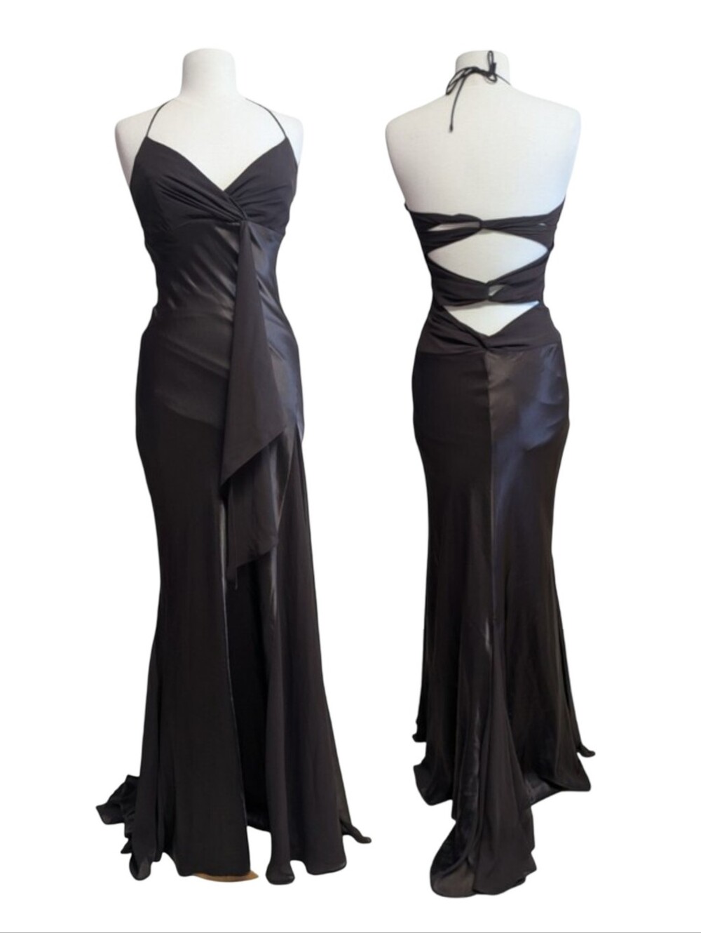 Elegant Chocolate Brown Satin 90s Evening Gown-Draped Front, Train, Open Back